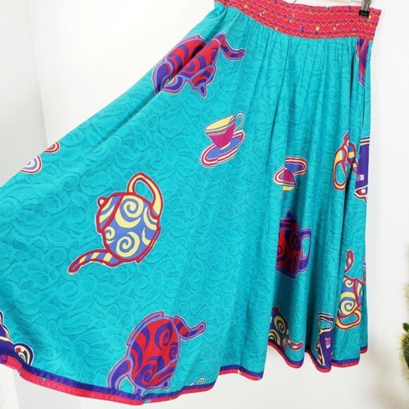 Vintage JEANNE MARC 80s Novelty Print Embroidered Swing Maxi Skirt size 8/10